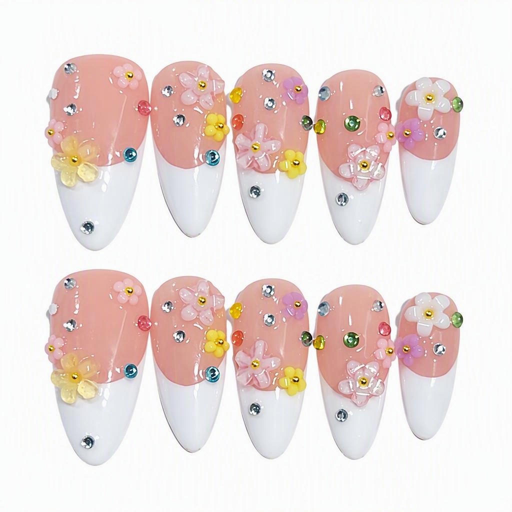 10-Piece Set 3D Floral French Rhinestone Press-on Nails, Sweet Handmade Gel Nails with Pink Translucent Base, Raised Flower Accents, Almond Pointed-Round Shape