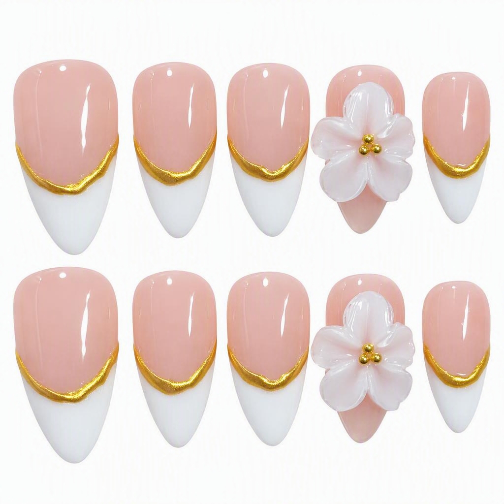 10-Piece Set Nude Pink and White French 3D Floral Press-on Nails, Sweet Handmade Gel Nails with Ombre French Tips, Almond Pointed Shape