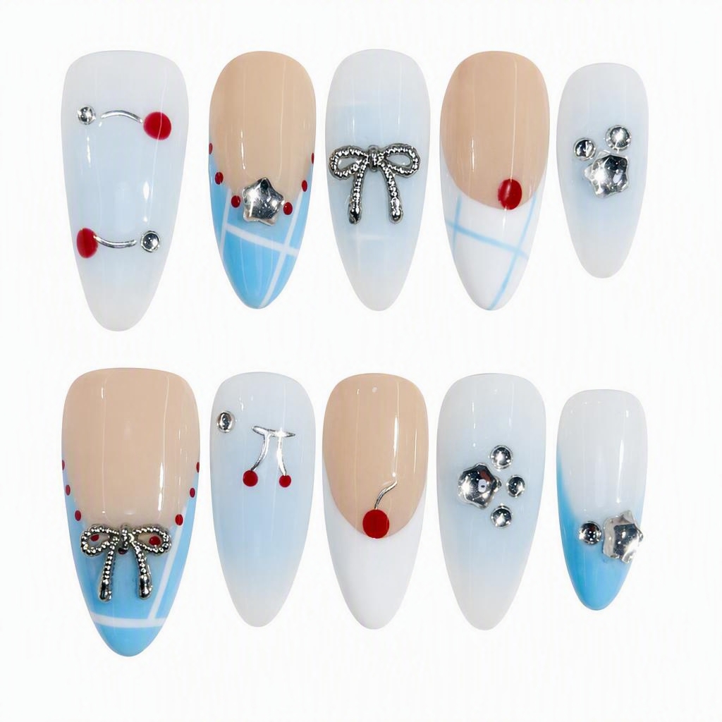 10-Piece Set Cherry Bow Press-on Nails, Sweet Handmade Gel Nails with Red Cherry Motifs, Rhinestone Accents and Rounded Almond Shape