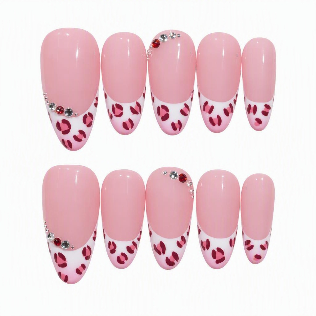 10-Piece Set Pink Leopard French Press-on Nails, Sweet Handmade Gel Nails with Pink Base, Printed Motif, Rhinestone Accents and Rounded Square Shape
