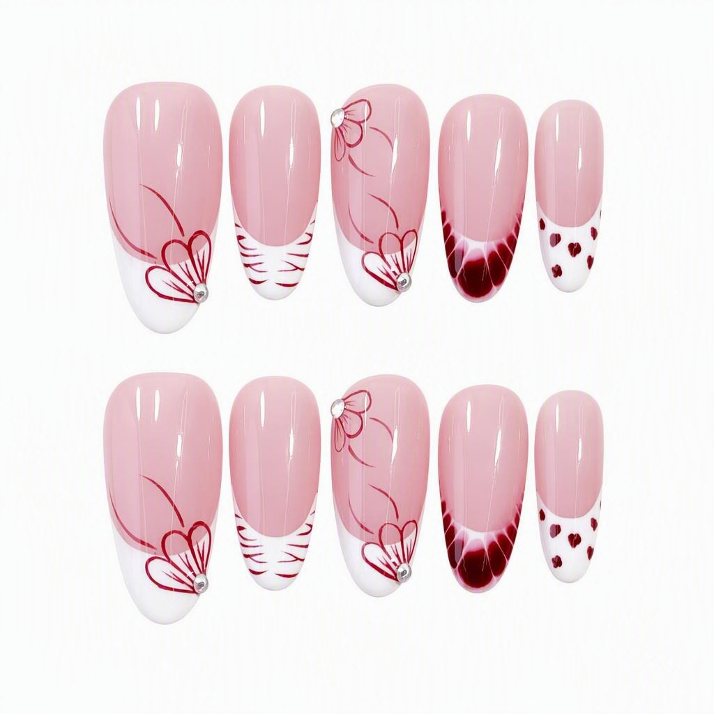 10-Piece Set Pink French Flower Heart Press-on Nails, Sweet Handmade Gel Nails with Pink Base, Painted Motif and Round Square Shape